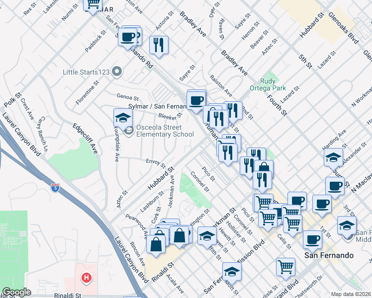 map of restaurants, bars, coffee shops, grocery stores, and more near 12109 El Dorado Avenue in Los Angeles