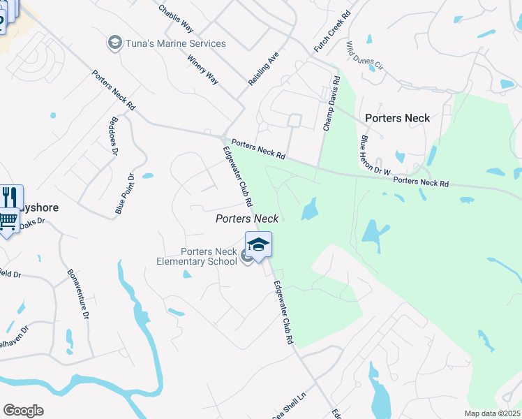 map of restaurants, bars, coffee shops, grocery stores, and more near 307 Edgewater Club Road in Wilmington