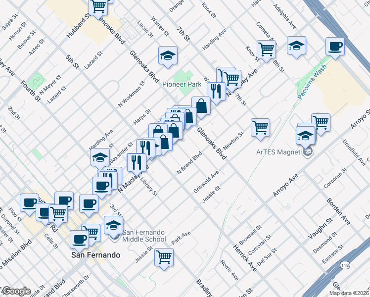 map of restaurants, bars, coffee shops, grocery stores, and more near 1003 De Garmo Street in San Fernando