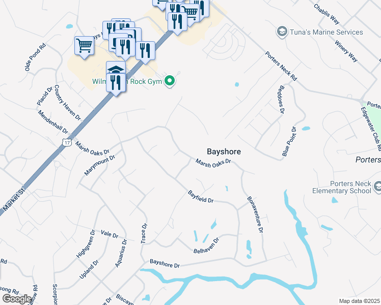 map of restaurants, bars, coffee shops, grocery stores, and more near 327 Marsh Oaks Drive in Wilmington