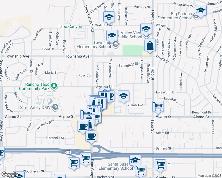 map of restaurants, bars, coffee shops, grocery stores, and more near 2987 Campa Way in Simi Valley