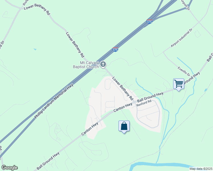 map of restaurants, bars, coffee shops, grocery stores, and more near 124 Bethany Manor Drive in Ball Ground