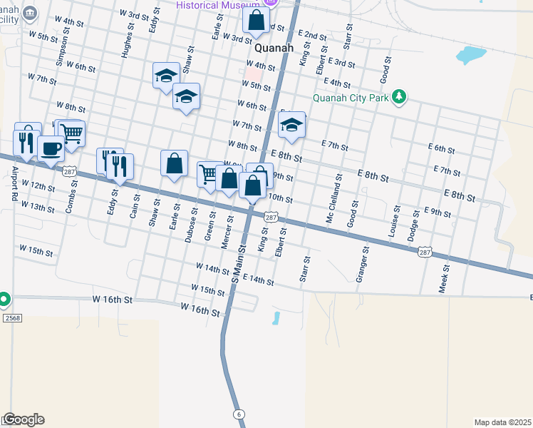 map of restaurants, bars, coffee shops, grocery stores, and more near 103 E 11th St in Quanah