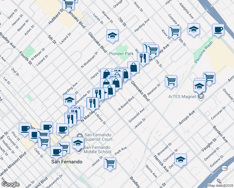 map of restaurants, bars, coffee shops, grocery stores, and more near 665 North Maclay Avenue in San Fernando