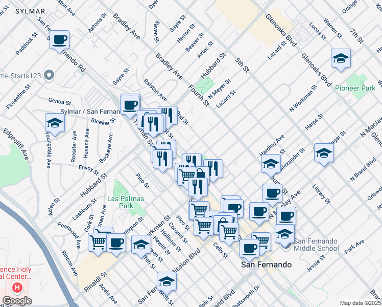 map of restaurants, bars, coffee shops, grocery stores, and more near 1901 1st Street in San Fernando