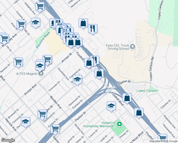 map of restaurants, bars, coffee shops, grocery stores, and more near 12835 West Hemingway Drive in San Fernando