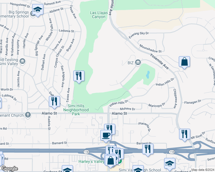 map of restaurants, bars, coffee shops, grocery stores, and more near 5206 Seneca Place in Simi Valley