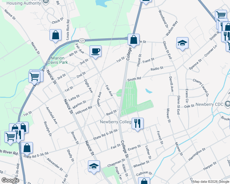 map of restaurants, bars, coffee shops, grocery stores, and more near 1609 North Street in Newberry
