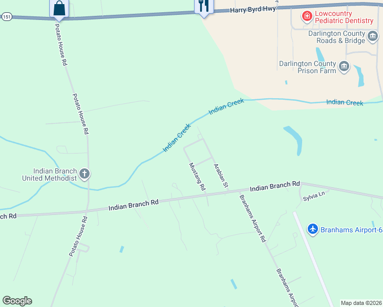 map of restaurants, bars, coffee shops, grocery stores, and more near 329 Mustang Road in Darlington