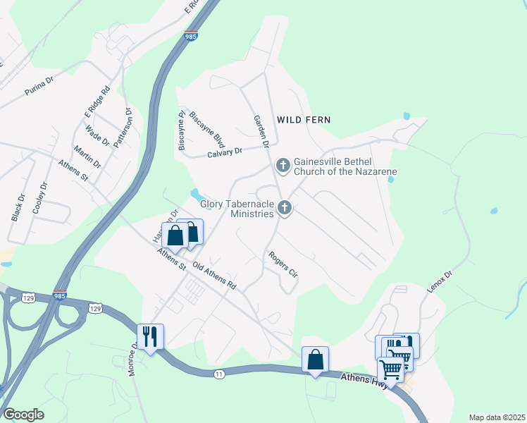 map of restaurants, bars, coffee shops, grocery stores, and more near 1707 Belair Circle in Gainesville