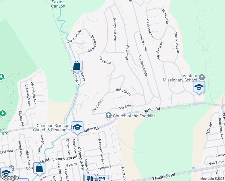 map of restaurants, bars, coffee shops, grocery stores, and more near 153 Nob Hill Lane in Ventura