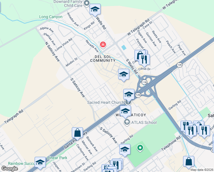 map of restaurants, bars, coffee shops, grocery stores, and more near 10685 Blackburn Road in Ventura