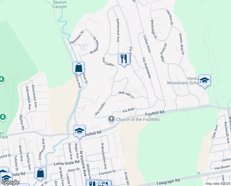 map of restaurants, bars, coffee shops, grocery stores, and more near 153 Nob Hill Lane in Ventura