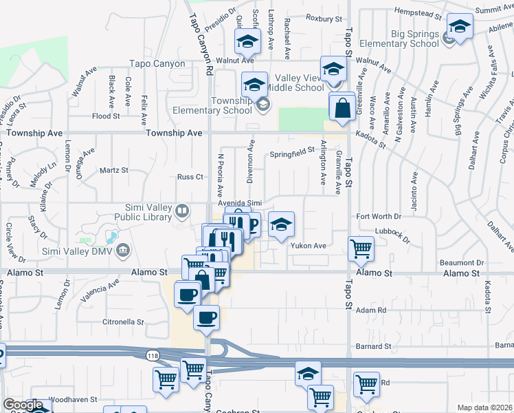 map of restaurants, bars, coffee shops, grocery stores, and more near 3013 Springfield Street in Simi Valley