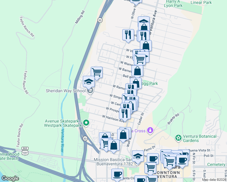 map of restaurants, bars, coffee shops, grocery stores, and more near 176 West Ramona Street in Ventura