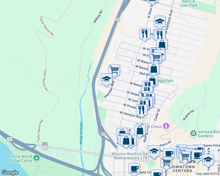 map of restaurants, bars, coffee shops, grocery stores, and more near 640 Sheridan Way in Ventura