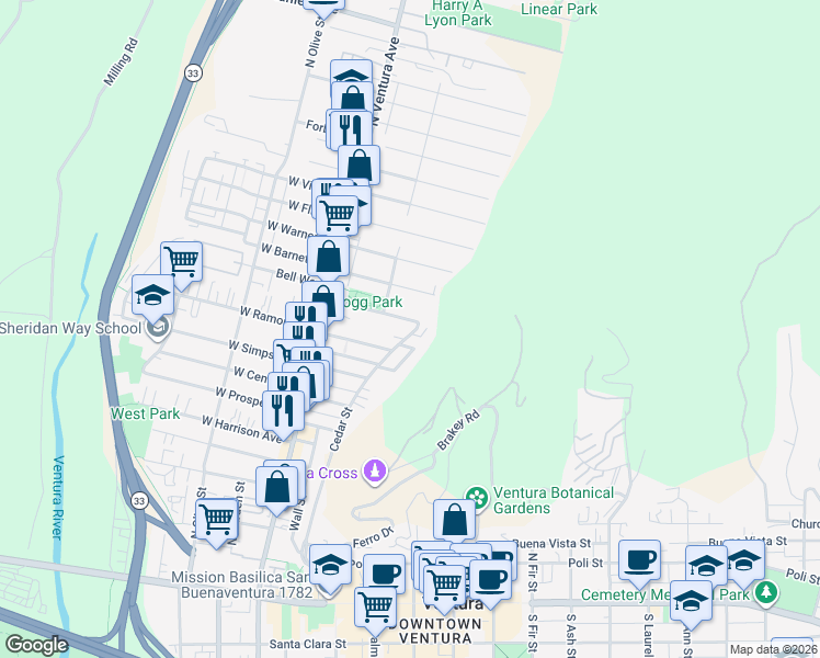 map of restaurants, bars, coffee shops, grocery stores, and more near 228 Kellogg Street in Ventura