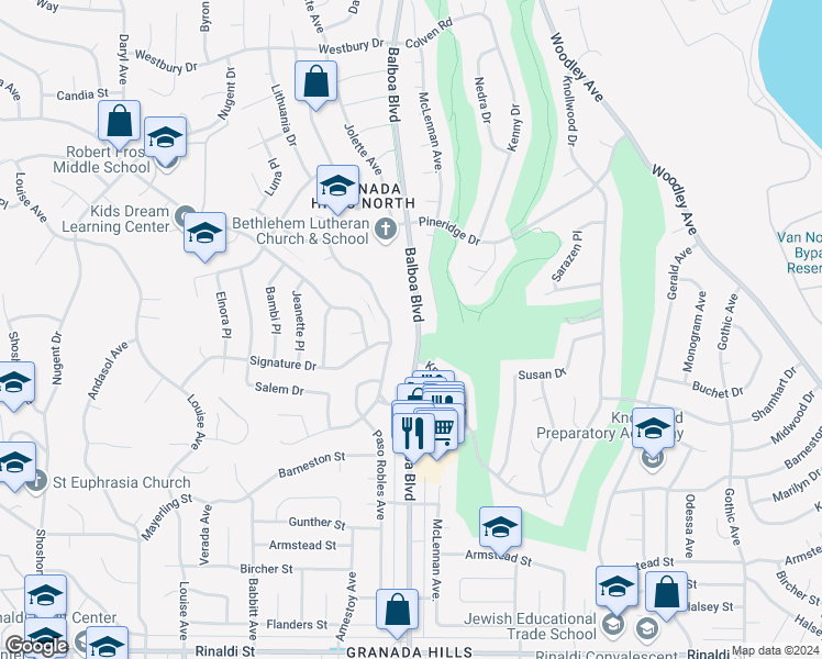 map of restaurants, bars, coffee shops, grocery stores, and more near 118581/2 Balboa Boulevard in Los Angeles