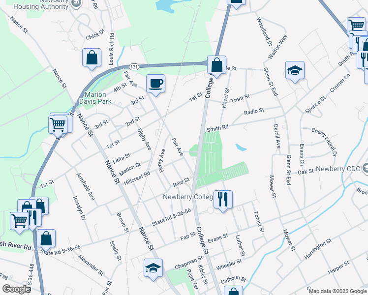 map of restaurants, bars, coffee shops, grocery stores, and more near 1609 North Street in Newberry