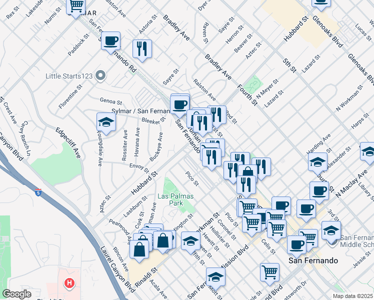 map of restaurants, bars, coffee shops, grocery stores, and more near 14609 South Meyer Street in San Fernando