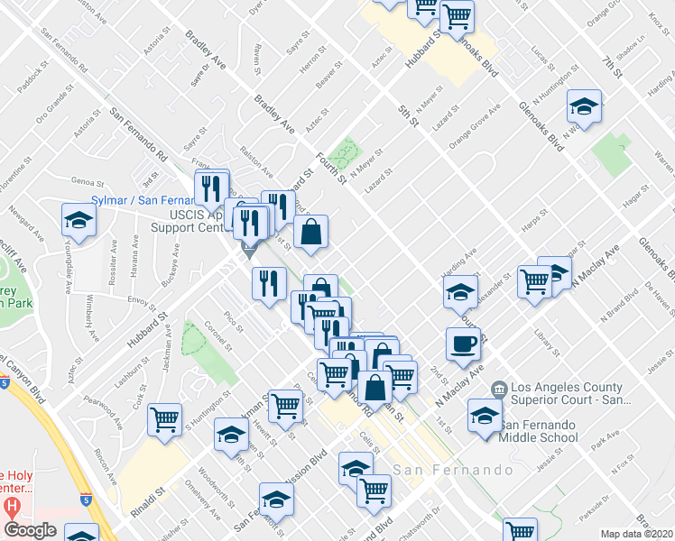 map of restaurants, bars, coffee shops, grocery stores, and more near 125 North Huntington Street in San Fernando