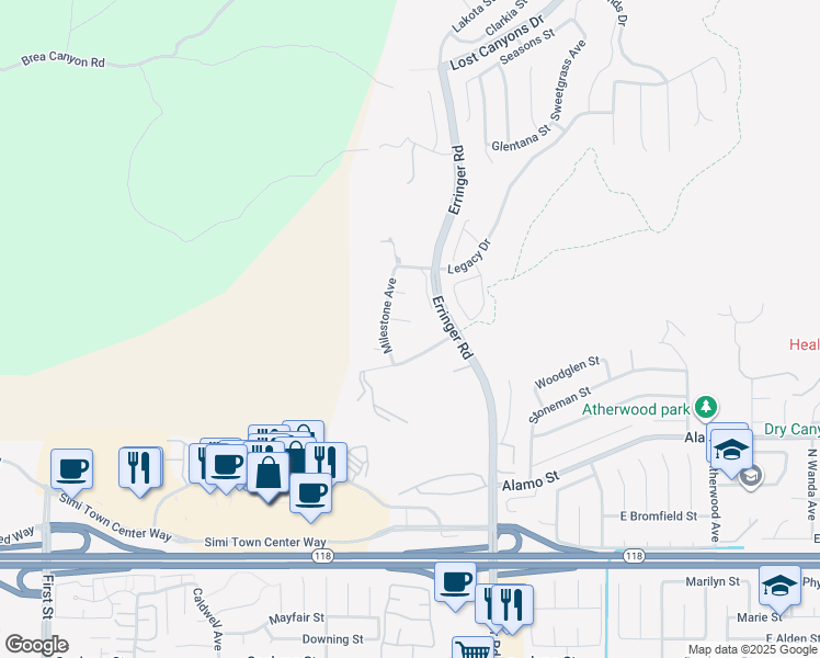 map of restaurants, bars, coffee shops, grocery stores, and more near 1744 Bluesage Court in Simi Valley