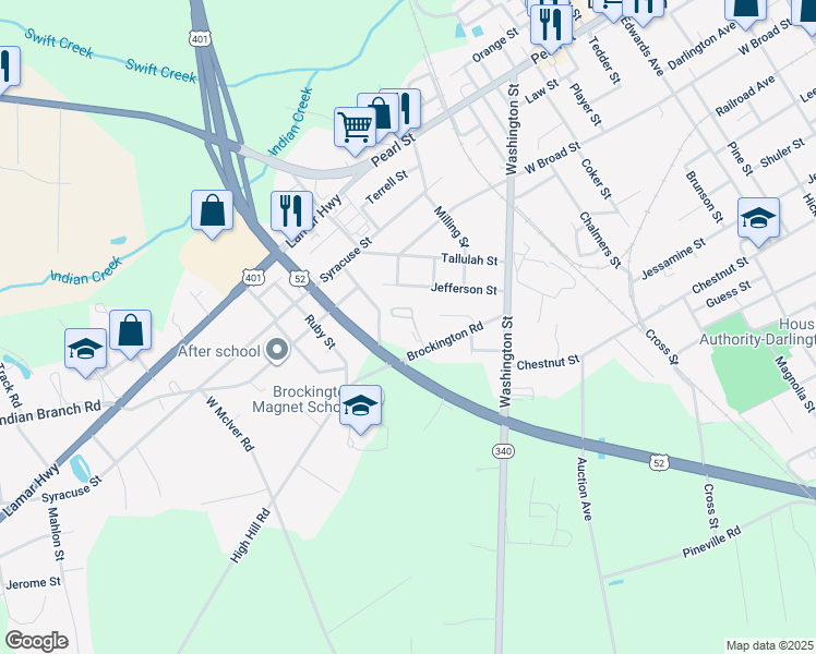 map of restaurants, bars, coffee shops, grocery stores, and more near 201 Saleeby Loop in Darlington