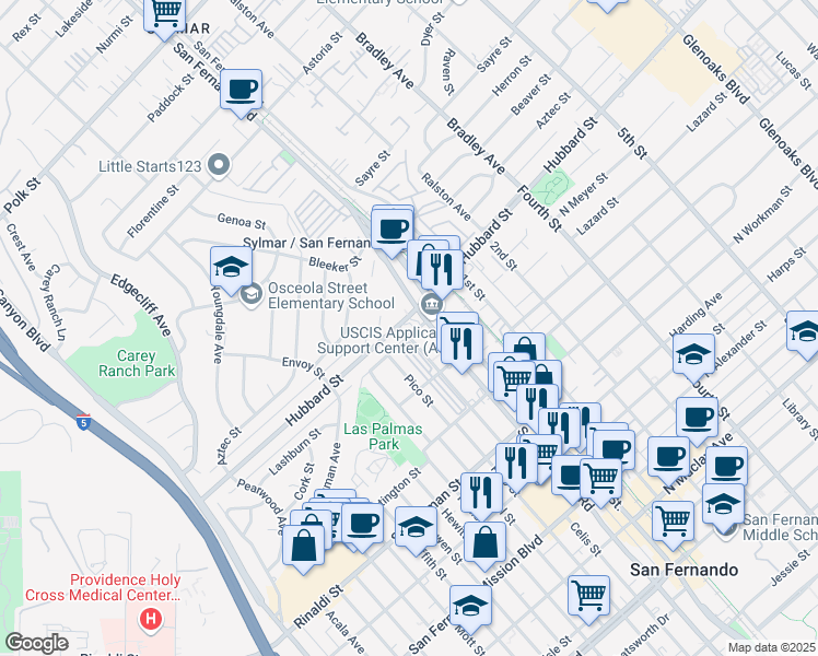 map of restaurants, bars, coffee shops, grocery stores, and more near 14609 South Meyer Street in San Fernando