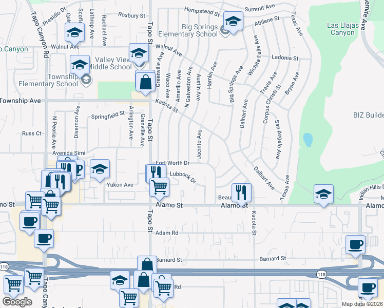 map of restaurants, bars, coffee shops, grocery stores, and more near 3058 Austin Avenue in Simi Valley