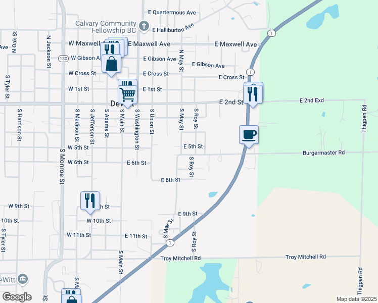 map of restaurants, bars, coffee shops, grocery stores, and more near 600 South Roy Street in DeWitt