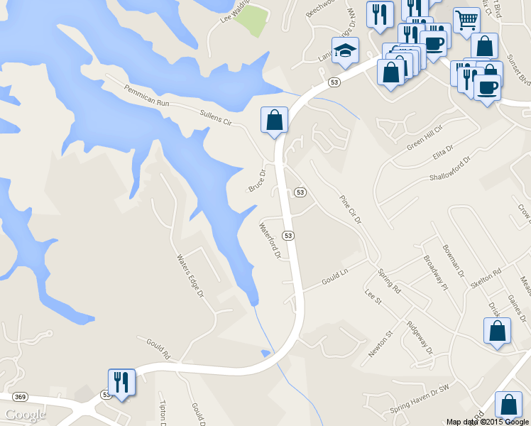 map of restaurants, bars, coffee shops, grocery stores, and more near 2916 Waterford Drive in Gainesville