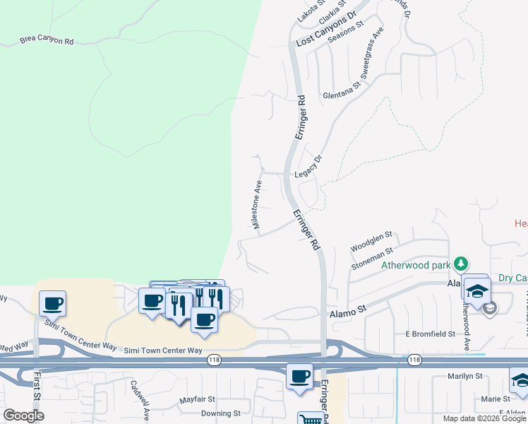 map of restaurants, bars, coffee shops, grocery stores, and more near 1728 Bluesage Court in Simi Valley