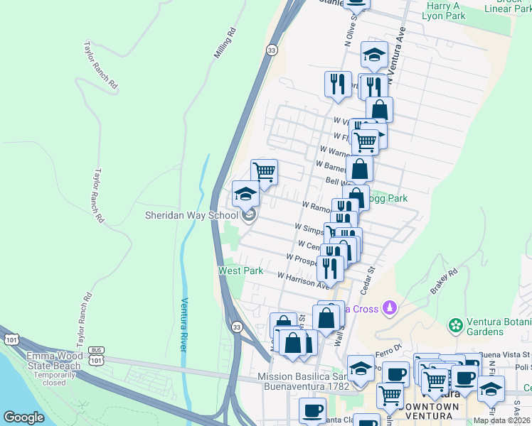 map of restaurants, bars, coffee shops, grocery stores, and more near 335 West Simpson Street in Ventura