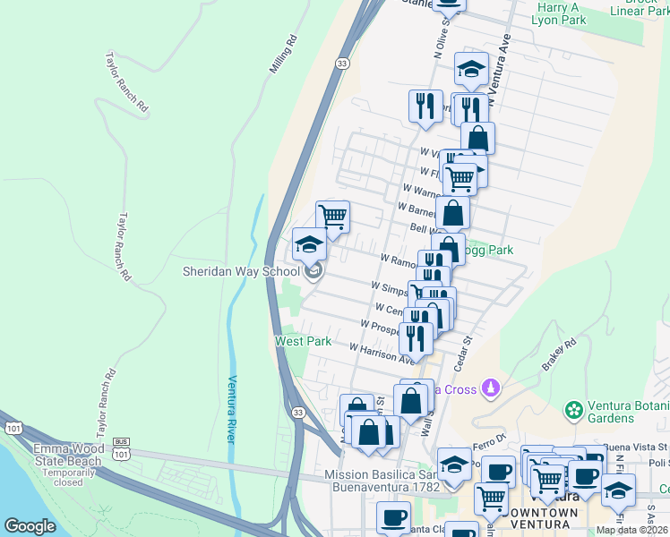 map of restaurants, bars, coffee shops, grocery stores, and more near 640 Sheridan Way in Ventura