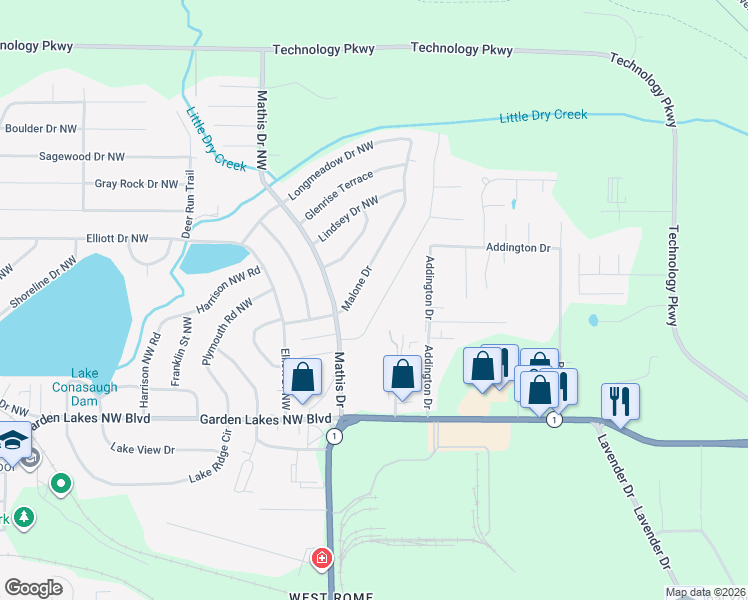 map of restaurants, bars, coffee shops, grocery stores, and more near 15 Crosscreek Drive in Rome