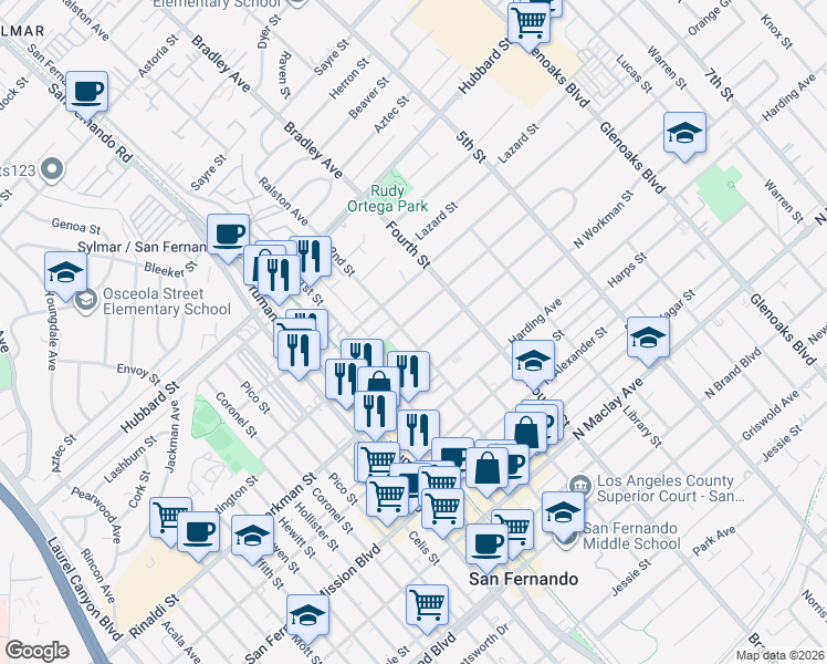 map of restaurants, bars, coffee shops, grocery stores, and more near 214 North Huntington Street in San Fernando