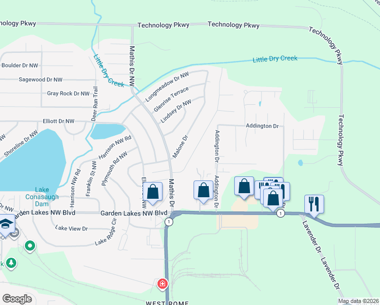 map of restaurants, bars, coffee shops, grocery stores, and more near 15 Crosscreek Drive in Rome