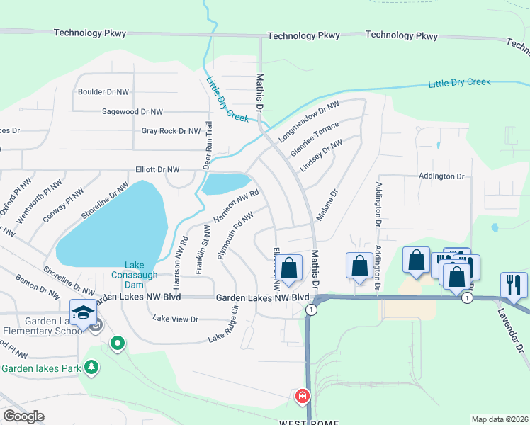 map of restaurants, bars, coffee shops, grocery stores, and more near 122 Plymouth Road Northwest in Rome