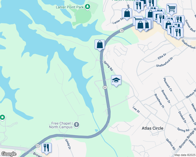 map of restaurants, bars, coffee shops, grocery stores, and more near 2916 Waterford Drive in Gainesville