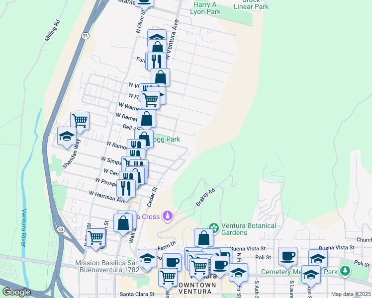 map of restaurants, bars, coffee shops, grocery stores, and more near 218 Kellogg Street in Ventura