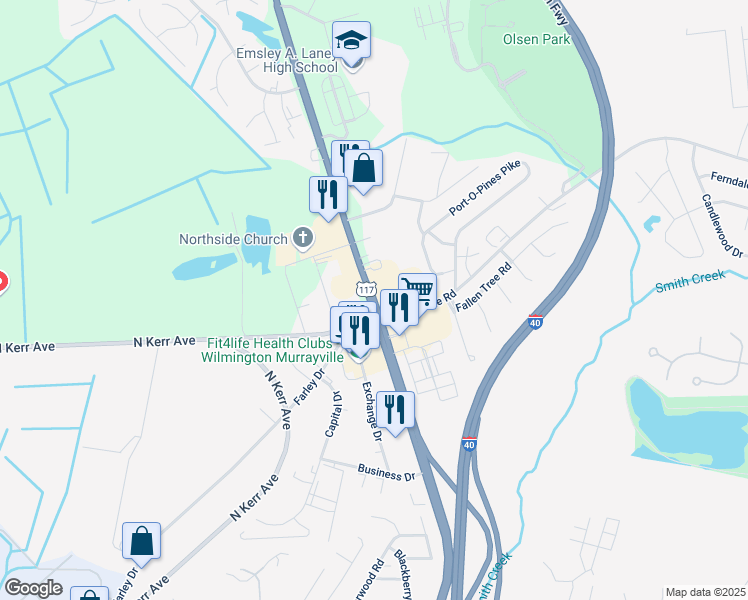 map of restaurants, bars, coffee shops, grocery stores, and more near 2398 North College Road in Wilmington