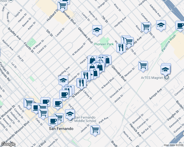 map of restaurants, bars, coffee shops, grocery stores, and more near 625 North Hagar Street in San Fernando