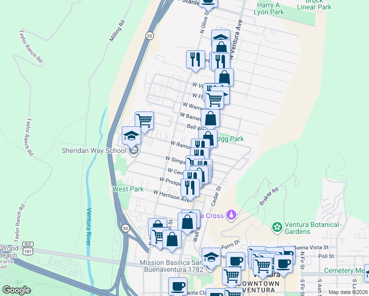 map of restaurants, bars, coffee shops, grocery stores, and more near 176 West Ramona Street in Ventura
