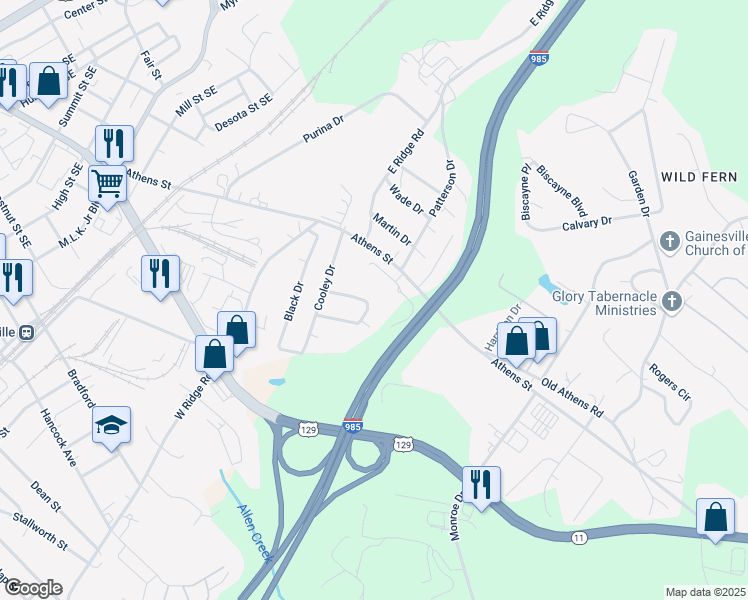 map of restaurants, bars, coffee shops, grocery stores, and more near 1025 Jordan Drive in Gainesville