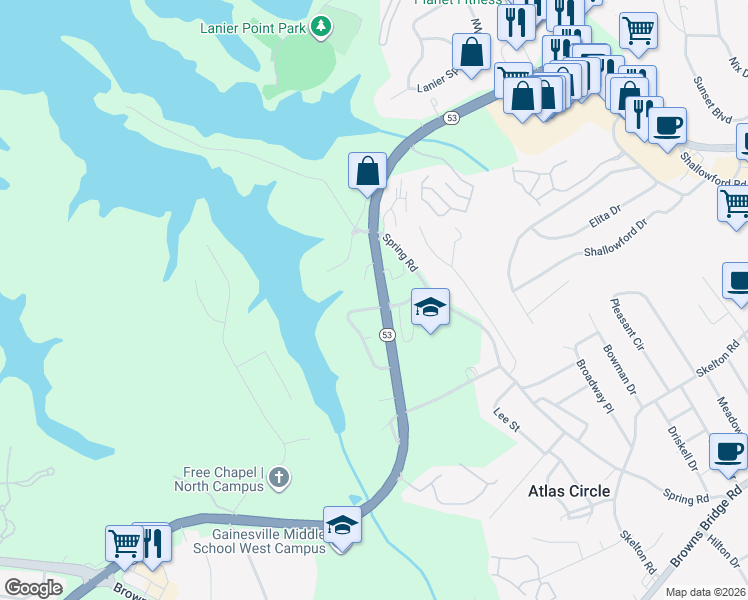 map of restaurants, bars, coffee shops, grocery stores, and more near 2916 Waterford Drive in Gainesville