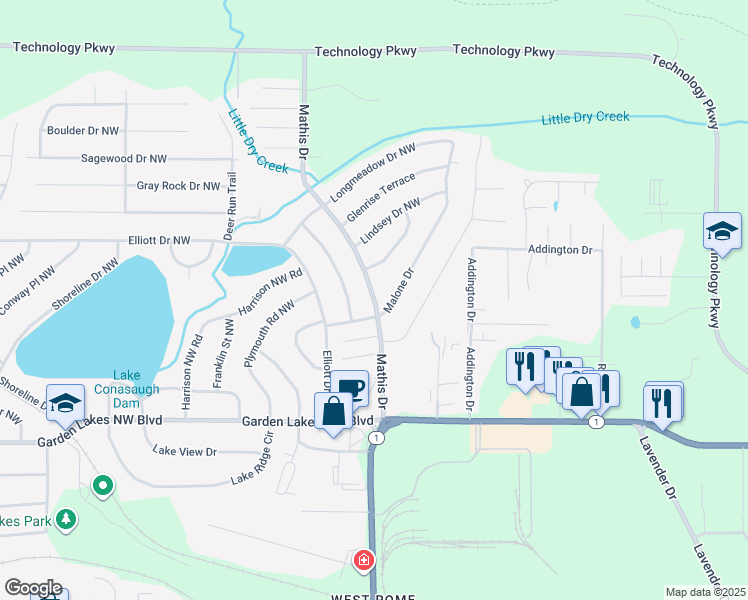 map of restaurants, bars, coffee shops, grocery stores, and more near 103 Malone Drive in Rome