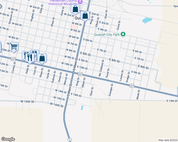map of restaurants, bars, coffee shops, grocery stores, and more near 1001-1099 Elbert Street in Quanah
