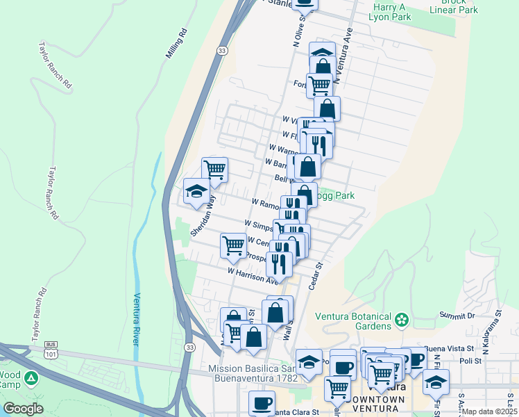 map of restaurants, bars, coffee shops, grocery stores, and more near 176 West Ramona Street in Ventura