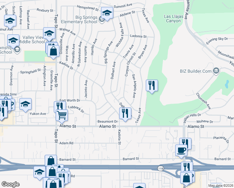map of restaurants, bars, coffee shops, grocery stores, and more near 4776 El Prado Street in Simi Valley