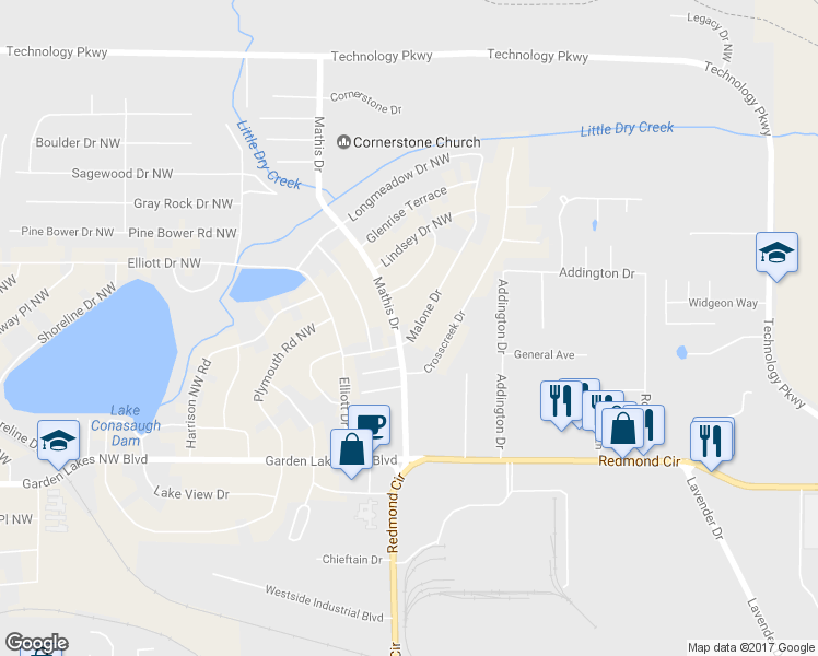map of restaurants, bars, coffee shops, grocery stores, and more near 103 Malone Drive in Rome